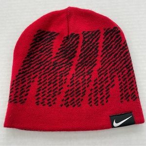 NIKE Boys Youth Knit Cap Hat OS Red W/ Black Spell Out Swoosh Winter Beanie